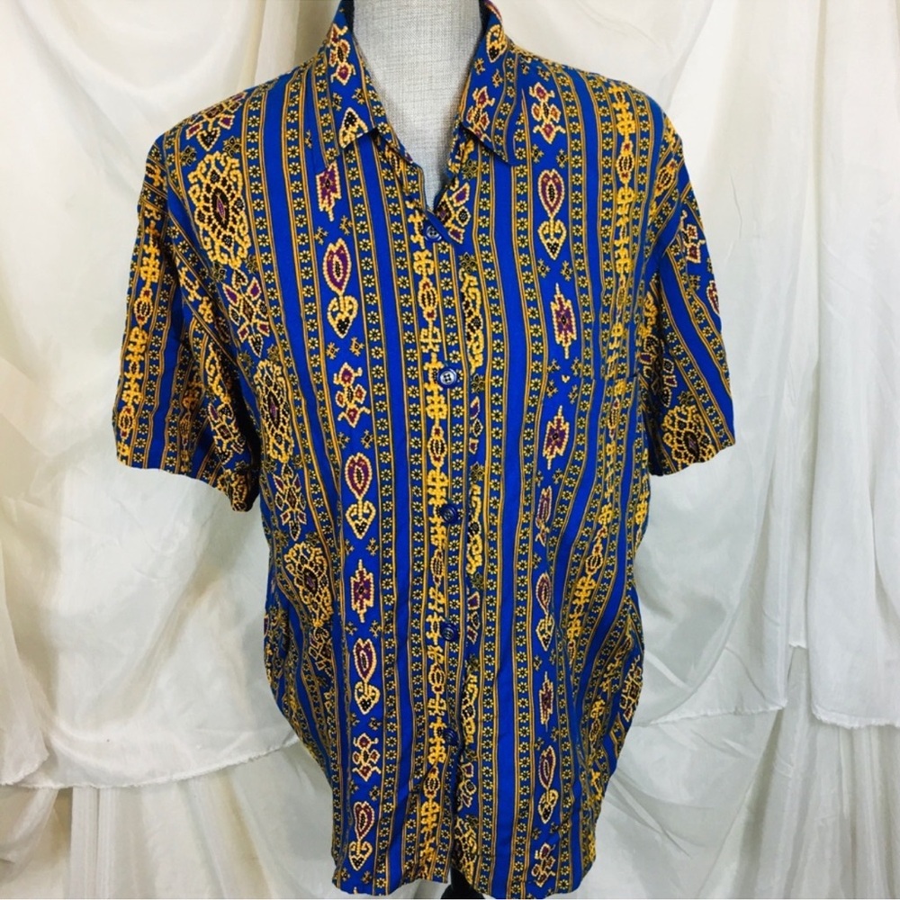 Vintage 90s Anchor Blue Size Small S Button Down Shirt Blouse Short Sleeve Blue